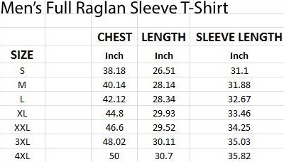 Mens Raglan T shirt size chart