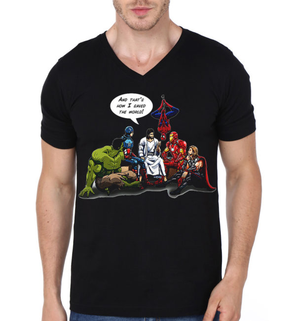 Jesus And The Avengers That's How I Saved The World Black V-Neck T-Shirt